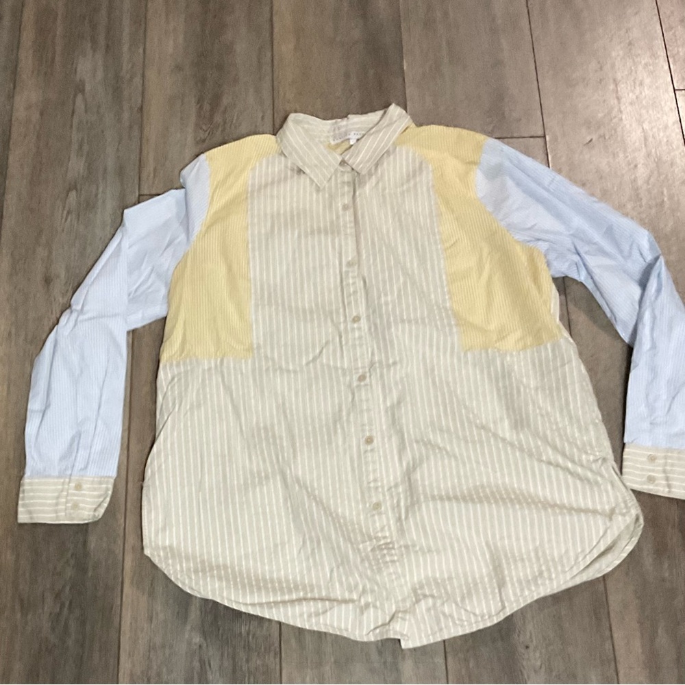 English Factory Yellow and White Striped Button Up Shirt, Large